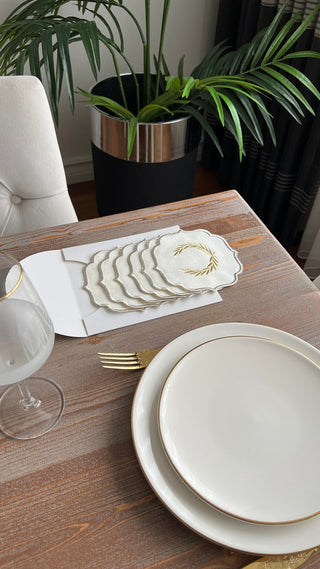 Laurel Wreath Shine Gold Design Cocktail Napkin - Waterproof Fabric - Shine Silver Border Embroidered