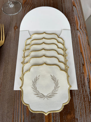 Laurel Wreath Shine Silver Design Cocktail Napkin - Waterproof Fabric - Shine Gold Border Embroidered