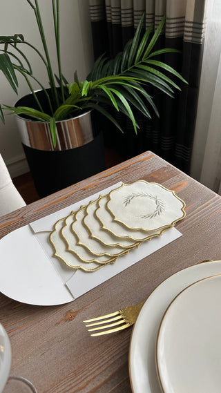 Laurel Wreath Shine Silver Design Cocktail Napkin - Waterproof Fabric - Shine Gold Border Embroidered