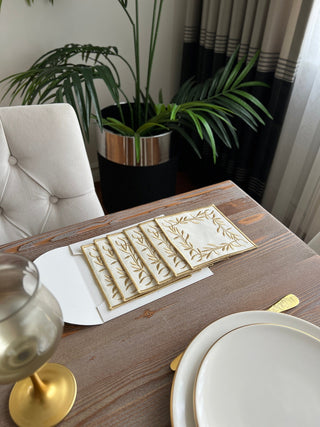 Flower Design Cocktail Napkin - Waterproof Fabric - Gold Embroidered