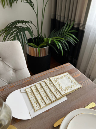 Flower Design Cocktail Napkin - Waterproof Fabric - Shine Gold Embroidered