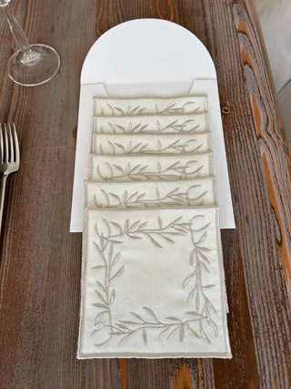 Flower Design Cocktail Napkin - Waterproof Fabric - Shine Silver Embroidered