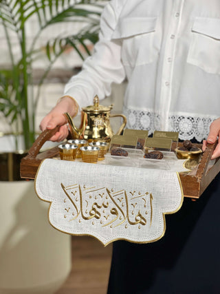 Welcome Design Tray Cover - %100 Linen Fabric - Gold Embroidered