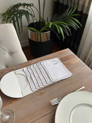 Laurel Wreath Square Design Cocktail Napkin - Waterproof Fabric - Dark Grey Embroidered