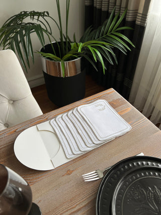 Laurel Wreath Square Design Cocktail Napkin - Waterproof Fabric - Light Grey Embroidered