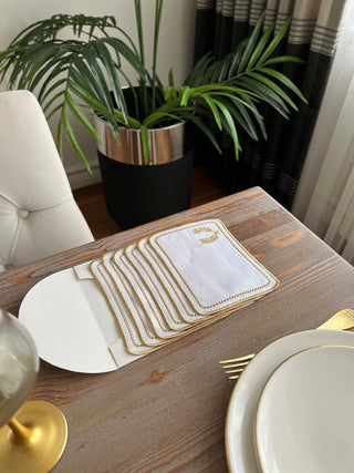 Laurel Wreath Square Design Cocktail Napkin - Waterproof Fabric - Gold Embroidered