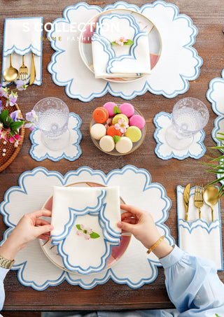 Cloud Design Light Blue Placemat Set - Waterproof Fabric - 6 Persons - 24 Pcs. Full Set