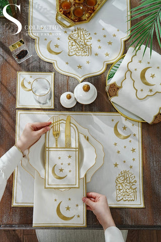 Ramadan Gold Glamorous Design Full Placemat Set - With Bread Basket Napkin and Runner - 6 Persons - 26 Pcs.