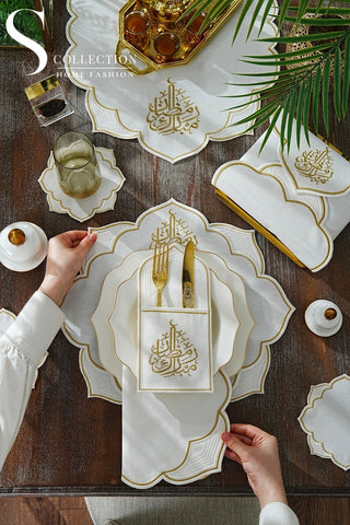 Ramadan Najma Design Gold Full Placemat Set - With Bread Basket Napkin and Runner - 6 Persons - 26 Pcs.