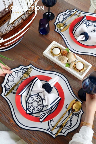 Mariner Design Embroidered Placemat Set - Navy Colour Waterproof Fabric - 6 Persons - 18 Pcs.